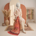 Close-up view of the mannequin seated, highlighting the floral print and premium cotton texture of the unstitched 3-piece suit.