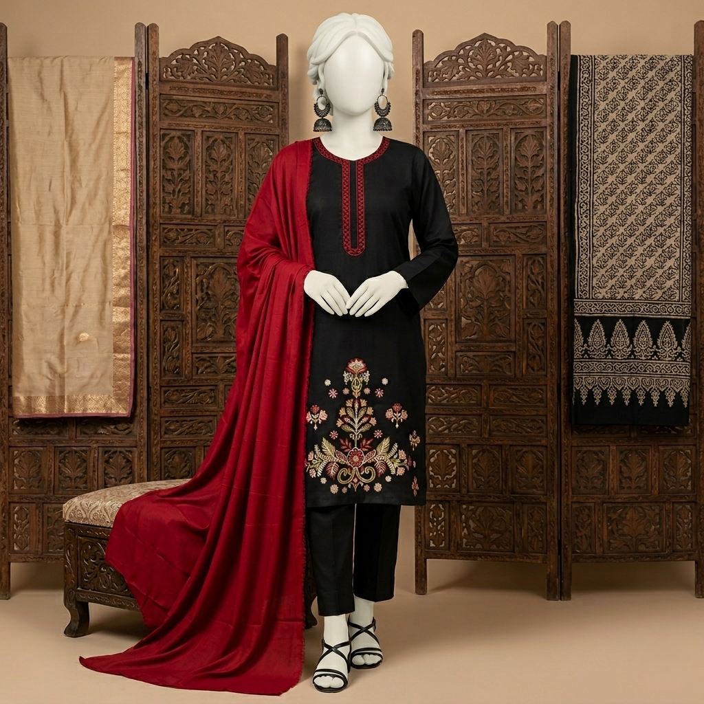 Mannequin wearing an elegant black cotton silk 3-piece unstitched suit with detailed embroidery and a red dupatta.