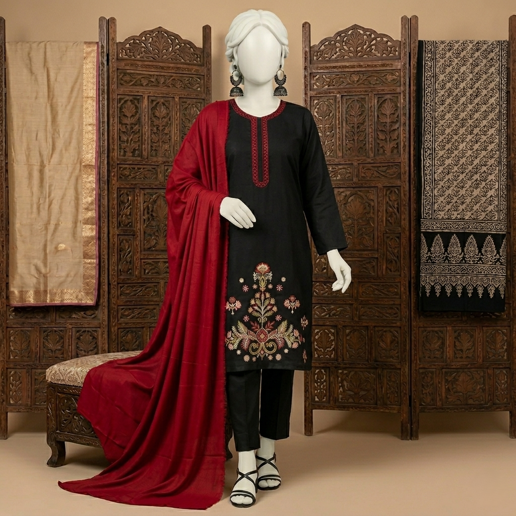 Front view of the premium black cotton silk embroidered unstitched shirt and trouser set.
