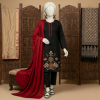 Front view of the premium black cotton silk embroidered unstitched shirt and trouser set.