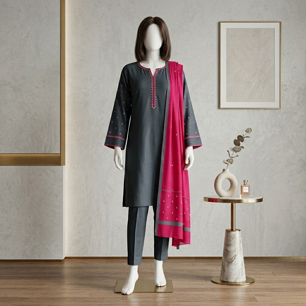 zh2 store premium 3 piece unstitched cotton suit in slate blue shirt trouser and contrast magenta dupatta on mannequin standing view