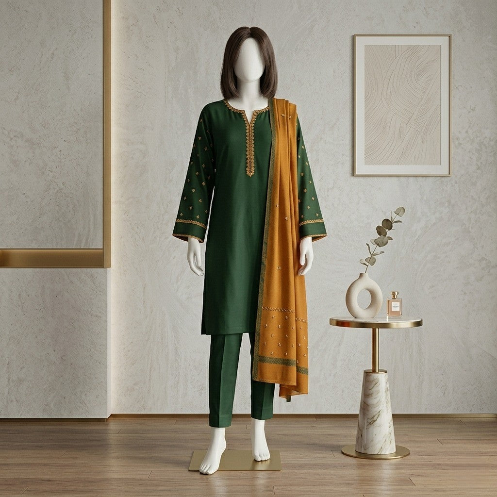 zh2 store premium 3 piece unstitched cotton suit in emerald green shirt trouser and contrast mustard gold dupatta standing view
