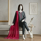 zh2 store unstitched cotton 3 piece dress slate blue side draped magenta dupatta aesthetic studio setting sitting view