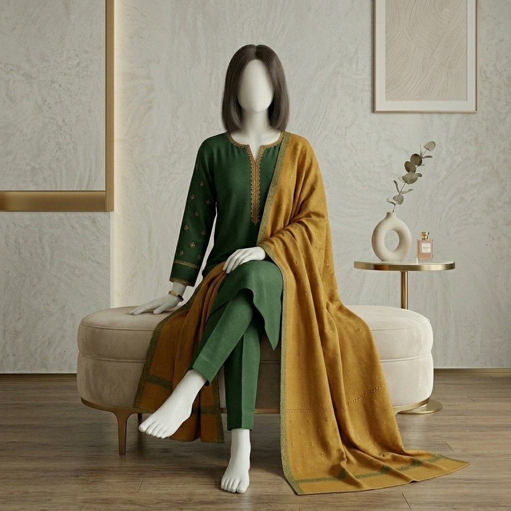 zh2 store emerald green premium cotton 3 piece traditional suit with mustard dupatta long draping detail sitting pose