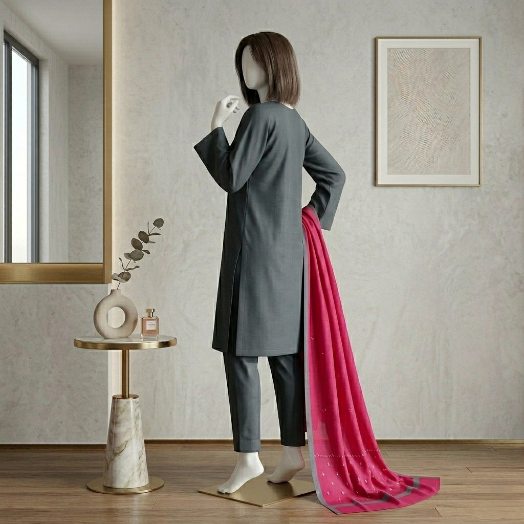 Back profile view of zh2 store slate blue cotton outfit with elegant long pink dupatta highlighting tailoring fall
