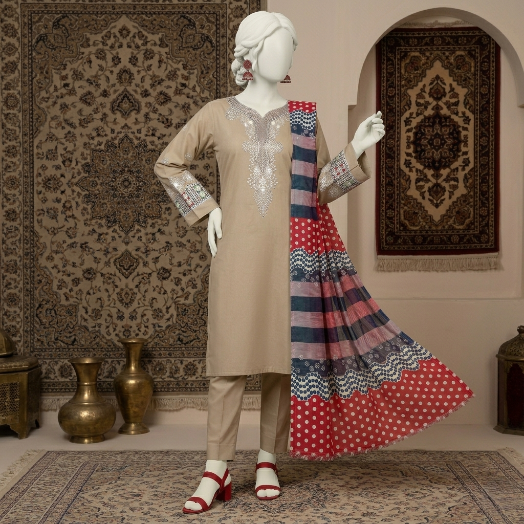 Close-up-embellished-neckline-and-multi-color-dupatta-cotton-silk-suit-ZH2-STORE