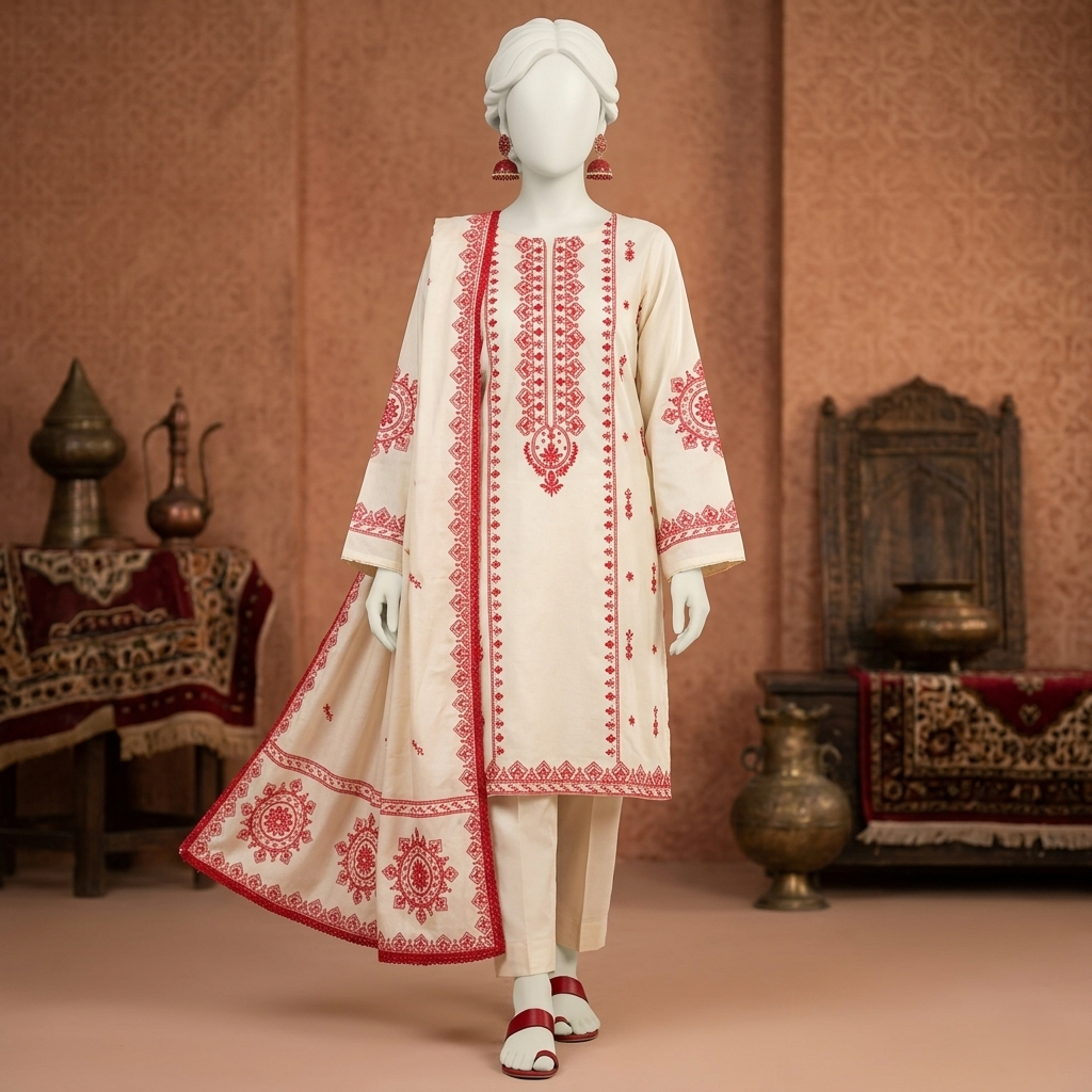 ZH2 Store premium 3-piece unstitched cotton silk suit in cream with crimson red geometric embroidery on a standing mannequin.