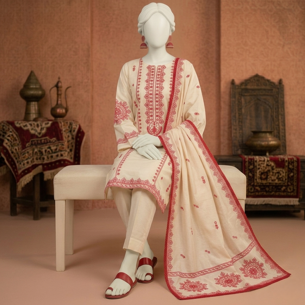 Close-up of ZH2 Store unstitched cotton silk 3-piece suit showing intricate red embroidery details and draped dupatta on a seated mannequin.