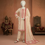Full-length view of the elegant cream and red unstitched cotton silk traditional dress by ZH2 Store showing sleeve and trouser silhouette.