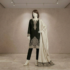 Full-length display of a black 3-piece cotton silk suit with embroidery on a mannequin, available at ZH2 Store.