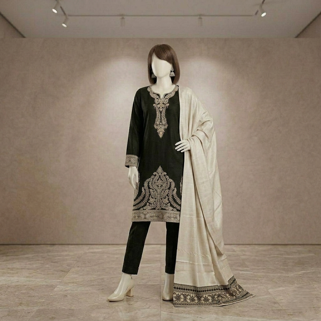 Full-length display of a black 3-piece cotton silk suit with embroidery on a mannequin, available at ZH2 Store.