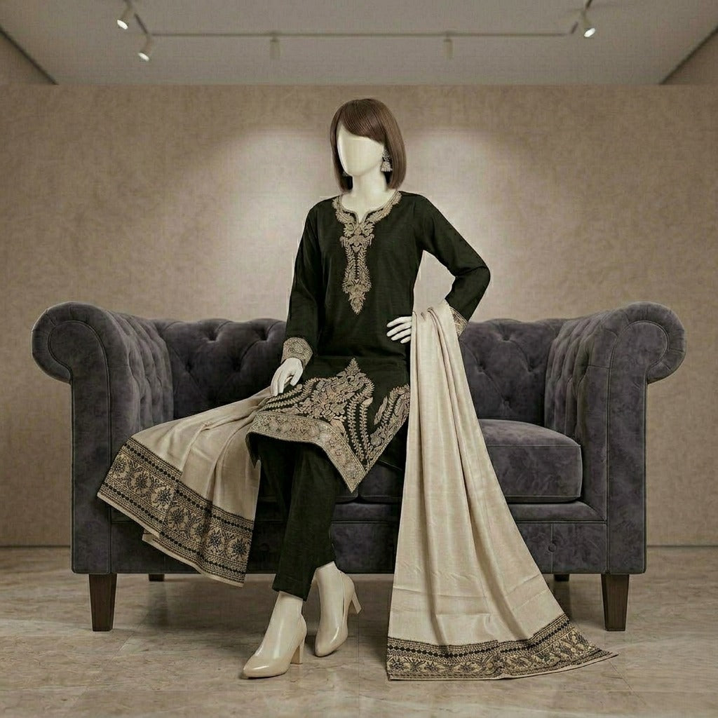 Elegant black embroidered cotton silk shirt and trouser set styled with a matching dupatta, showcased at ZH2 Store.