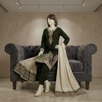 Elegant black embroidered cotton silk shirt and trouser set styled with a matching dupatta, showcased at ZH2 Store.