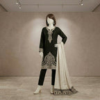 Close-up view of the intricate embroidery details on the premium black cotton silk 3-piece suit from ZH2 Store.