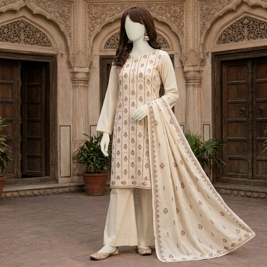 Front view of Cream 3-piece unstitched cotton suit by zh2 store showing floral patterns."