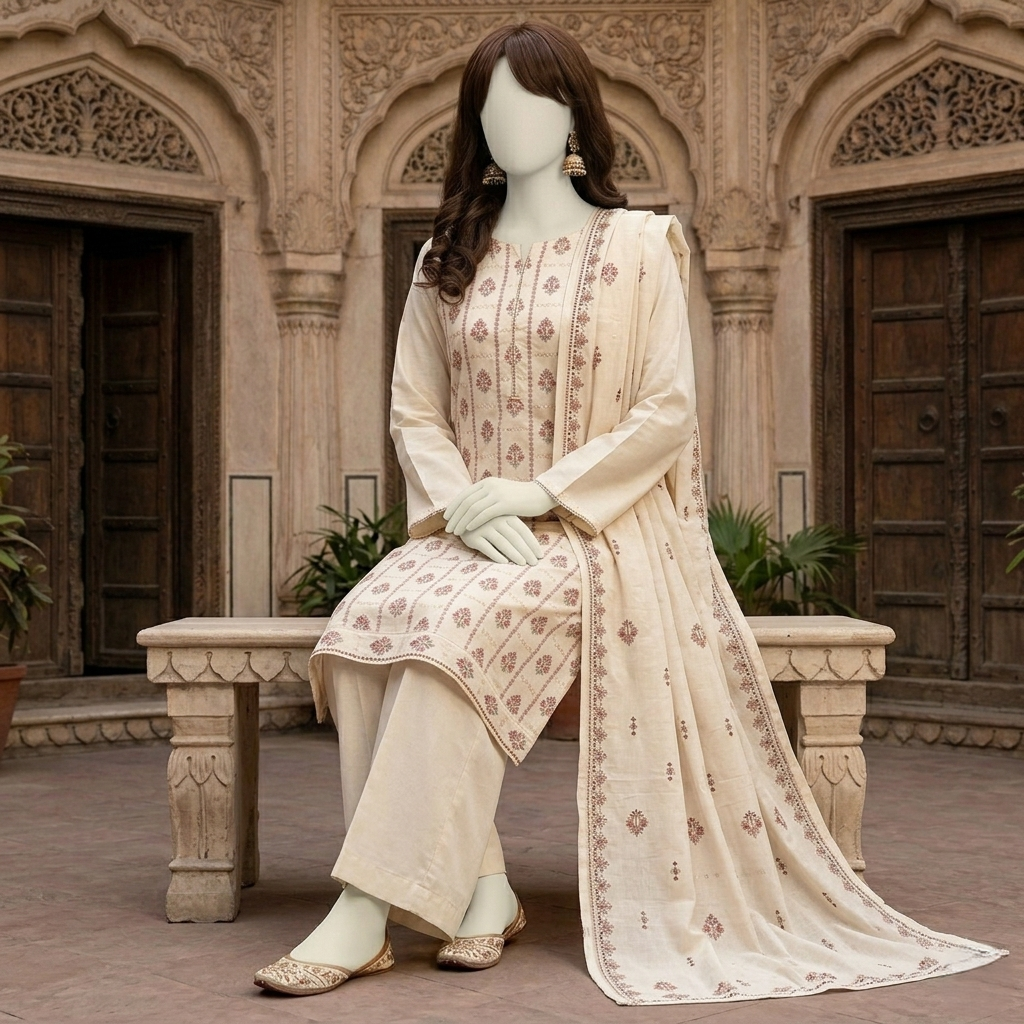 Front view of Cream 3-piece unstitched cotton suit by zh2 store showing floral patterns."