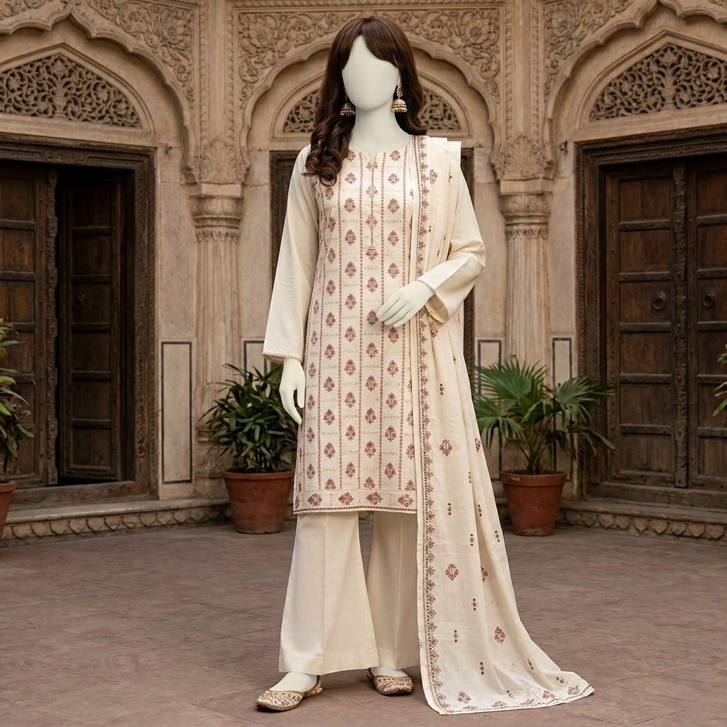 Front view of Cream 3-piece unstitched cotton suit by zh2 store showing floral patterns."