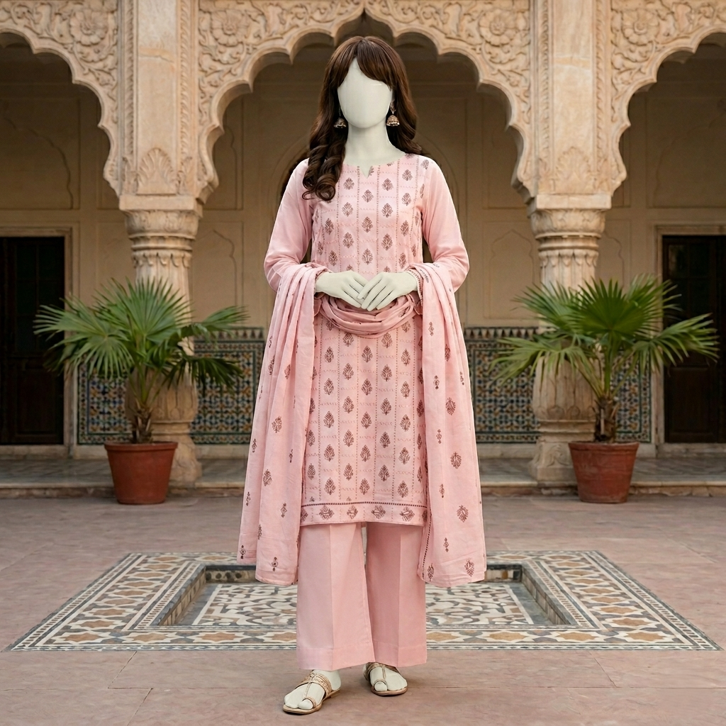 "Model wearing Turkish Pink 3-piece unstitched cotton suit by zh2 store with matching dupatta."
