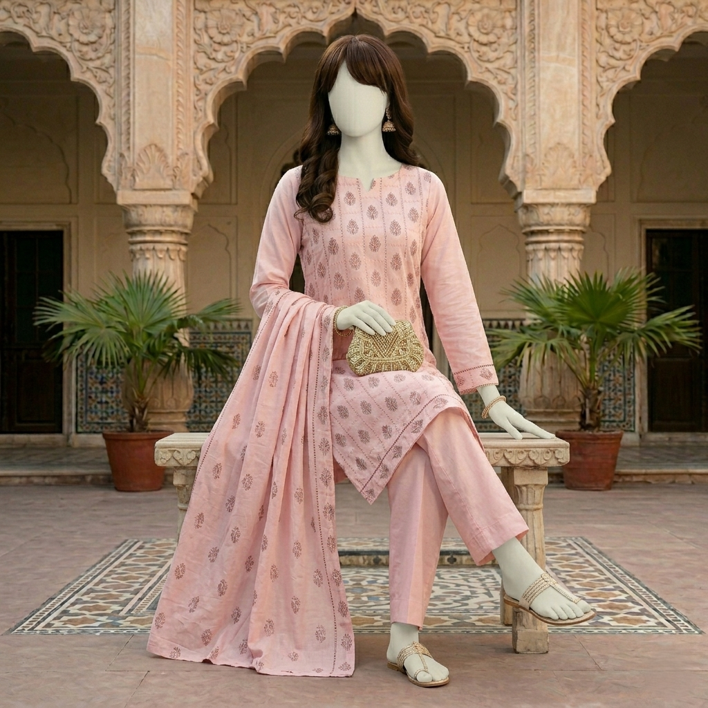 "Model wearing Turkish Pink 3-piece unstitched cotton suit by zh2 store with matching dupatta."