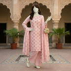 "Model wearing Turkish Pink 3-piece unstitched cotton suit by zh2 store with matching dupatta."