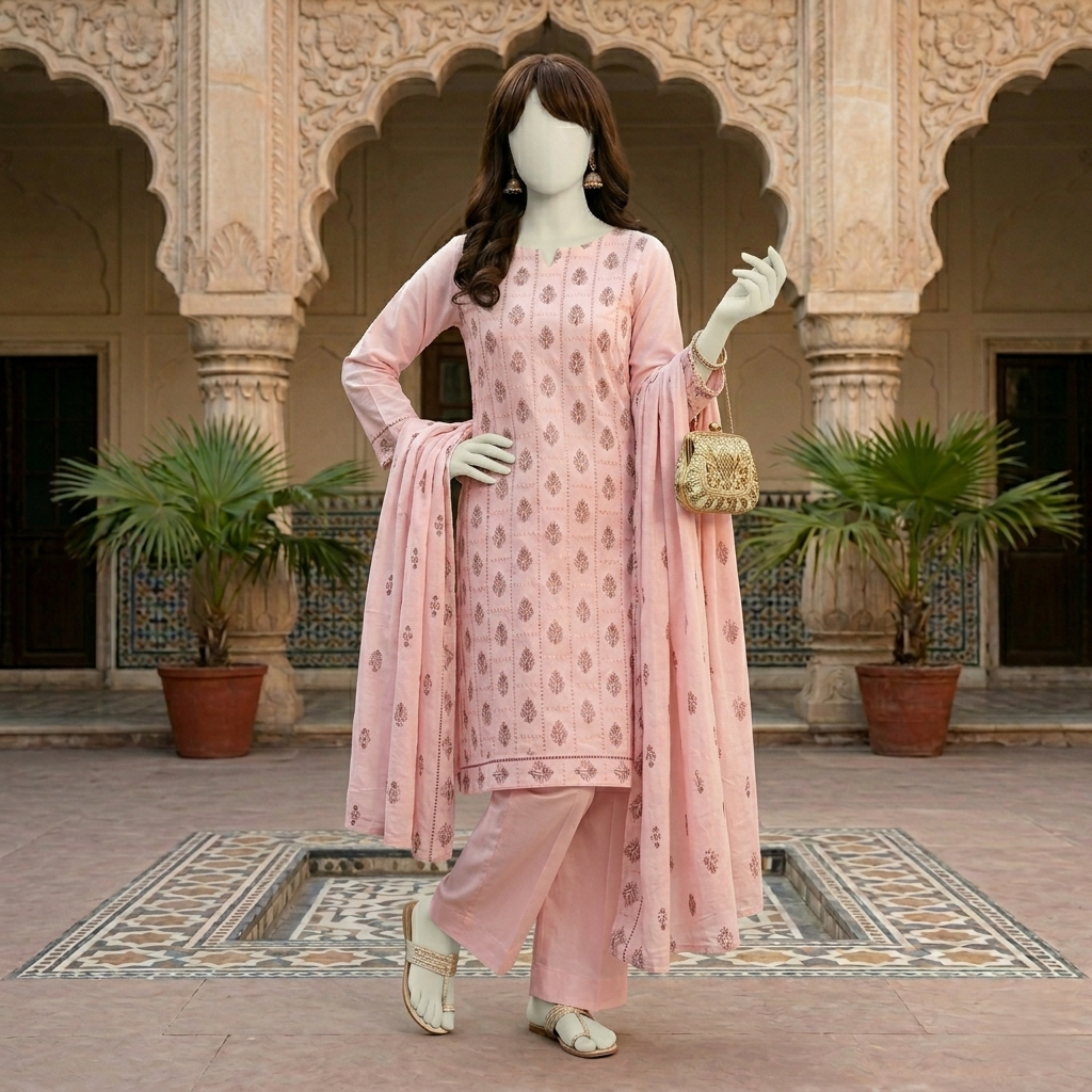 "Model wearing Turkish Pink 3-piece unstitched cotton suit by zh2 store with matching dupatta."