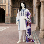 Woman's white unstitched 3-piece cotton suit with blue embroidery and purple floral dupatta by ZH2 Store
