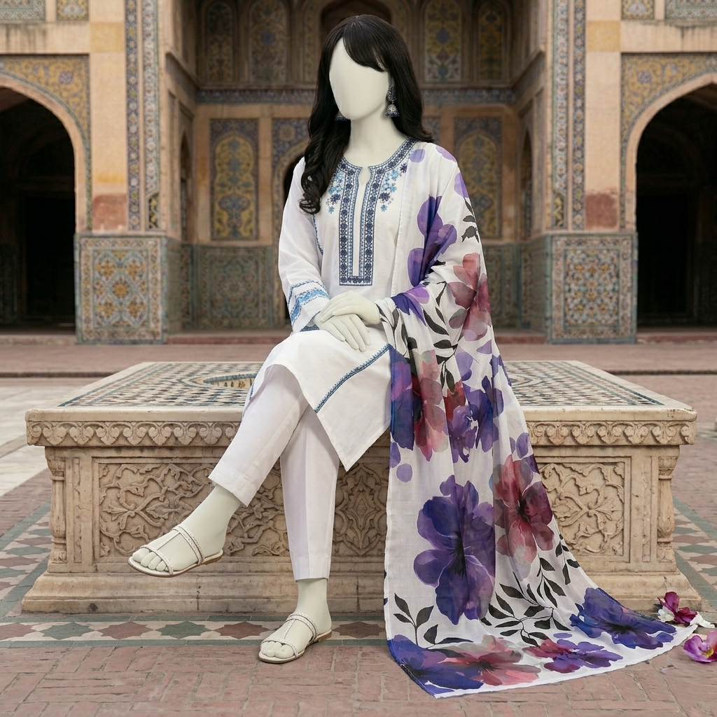 Woman's white unstitched 3-piece cotton suit with blue embroidery and purple floral dupatta by ZH2 Store