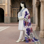 Woman's white unstitched 3-piece cotton suit with blue embroidery and purple floral dupatta by ZH2 Store