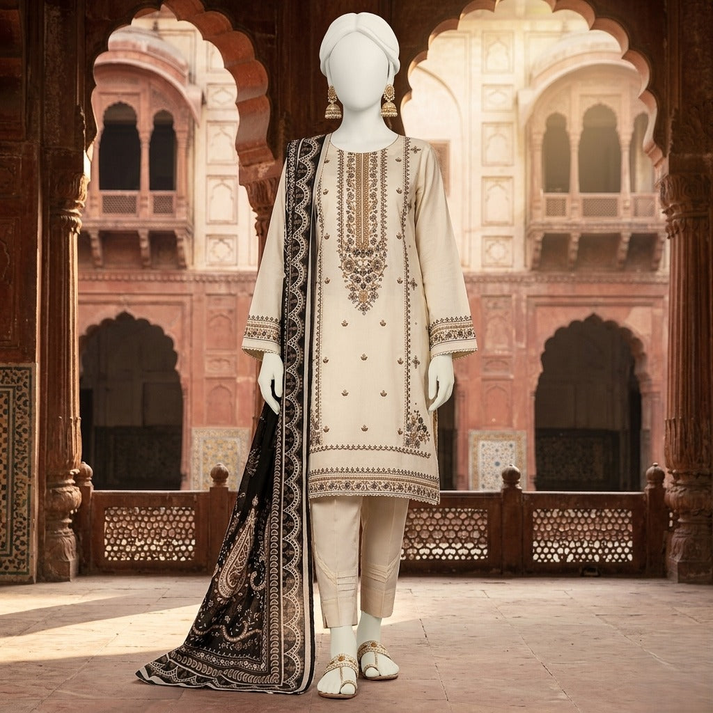 Full view of cream and black 3-piece cotton silk unstitched suit on a mannequin - zh2 store