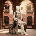 Seated view of elegant cream cotton silk suit with black contrast dupatta - zh2 store
