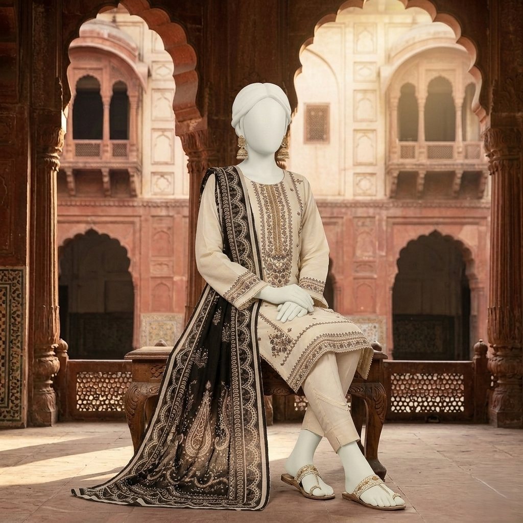 Seated view of elegant cream cotton silk suit with black contrast dupatta - zh2 store