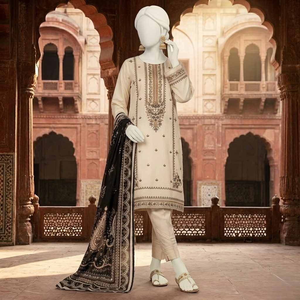 Front view of 3-piece unstitched suit in cotton silk fabric - zh2 store
