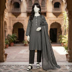 "Front view of 3-piece monochrome striped cotton silk unstitched suit by zh2 store"
