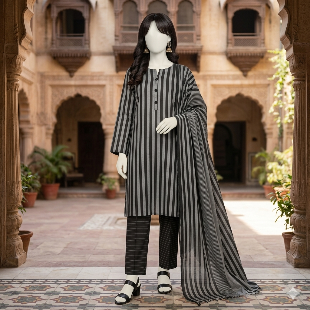 "Front view of 3-piece monochrome striped cotton silk unstitched suit by zh2 store"