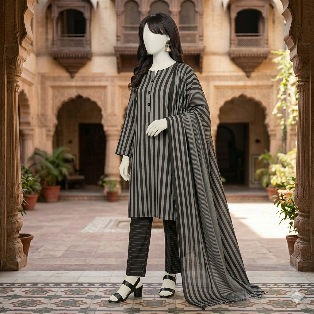 "Full display of 3-piece monochrome striped cotton silk unstitched suit featuring dupatta"