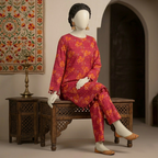 Mannequin wearing a vibrant red floral 3-piece unstitched cotton silk suit with detailed tassel work, available at zh2 store.