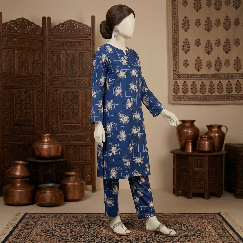 "Blue 2-piece unstitched cotton silk suit with floral print by zh2 store"