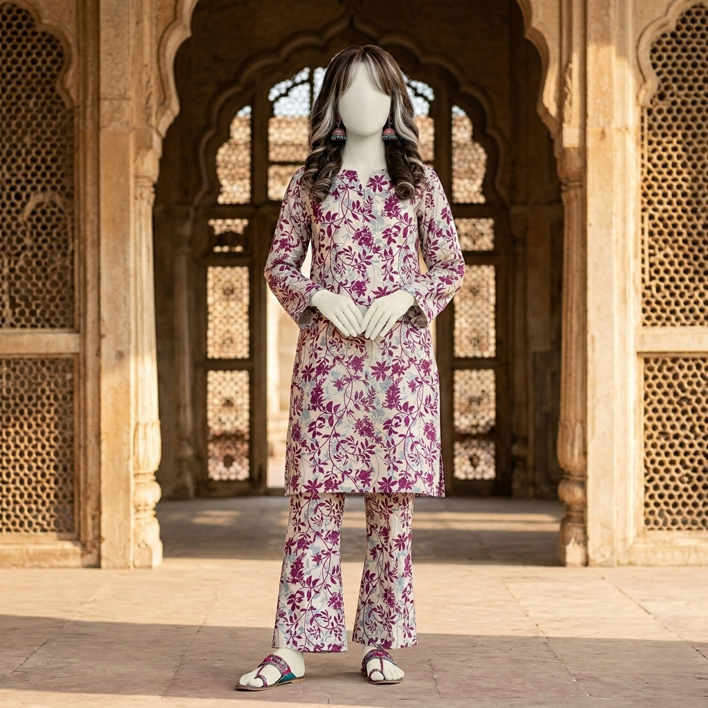 "Woman wearing a premium cotton-silk floral print unstitched 2-piece suit from ZH2 Store."