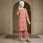 "Red and white floral printed unstitched 2-piece suit by zh2 store"
