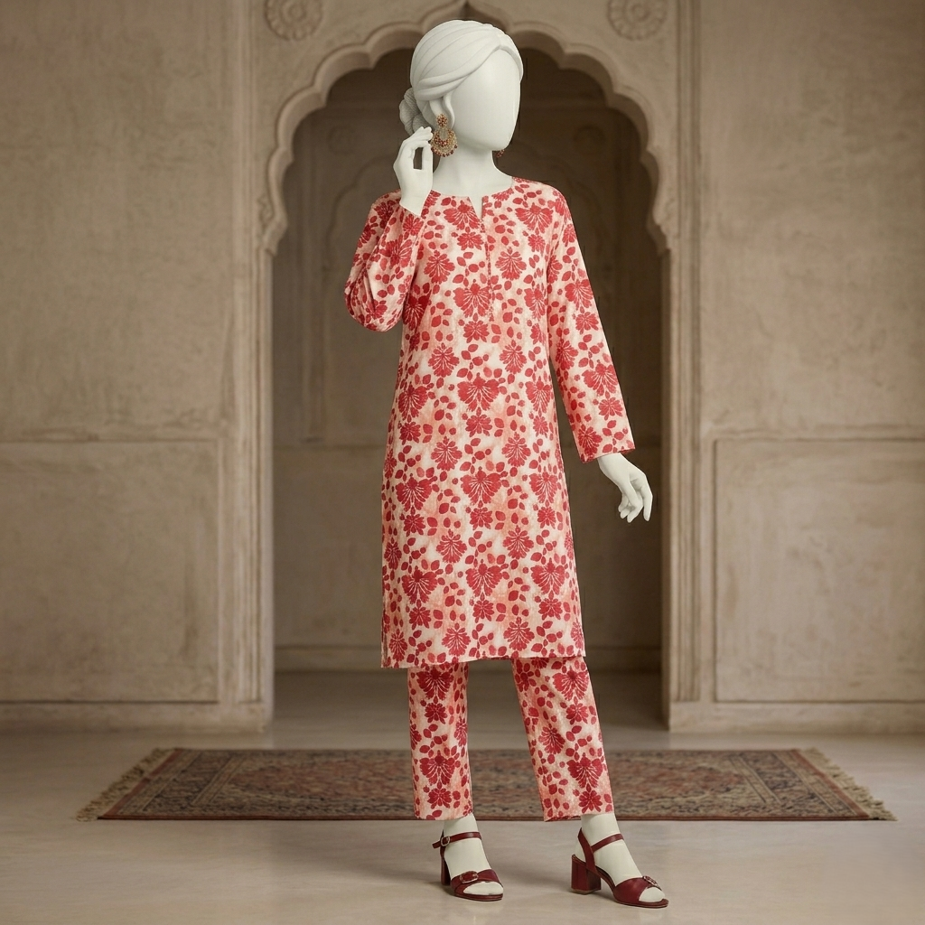 "Red and white floral printed unstitched 2-piece suit by zh2 store"