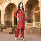"Woman wearing a premium cotton-silk floral unstitched 2-piece suit from ZH2 Store."