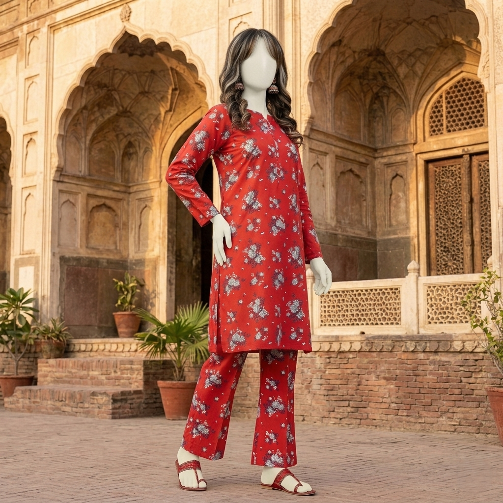 "Woman wearing a premium cotton-silk floral unstitched 2-piece suit from ZH2 Store."