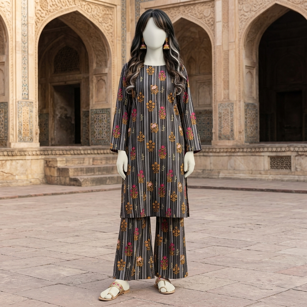 "Woman wearing premium cotton-silk unstitched 2-piece suit in from ZH2 Store"
