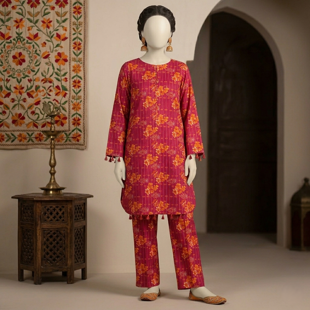 Full-length view of a 3-piece unstitched floral printed suit in premium breathable cotton, featured in the zh2 store collection.