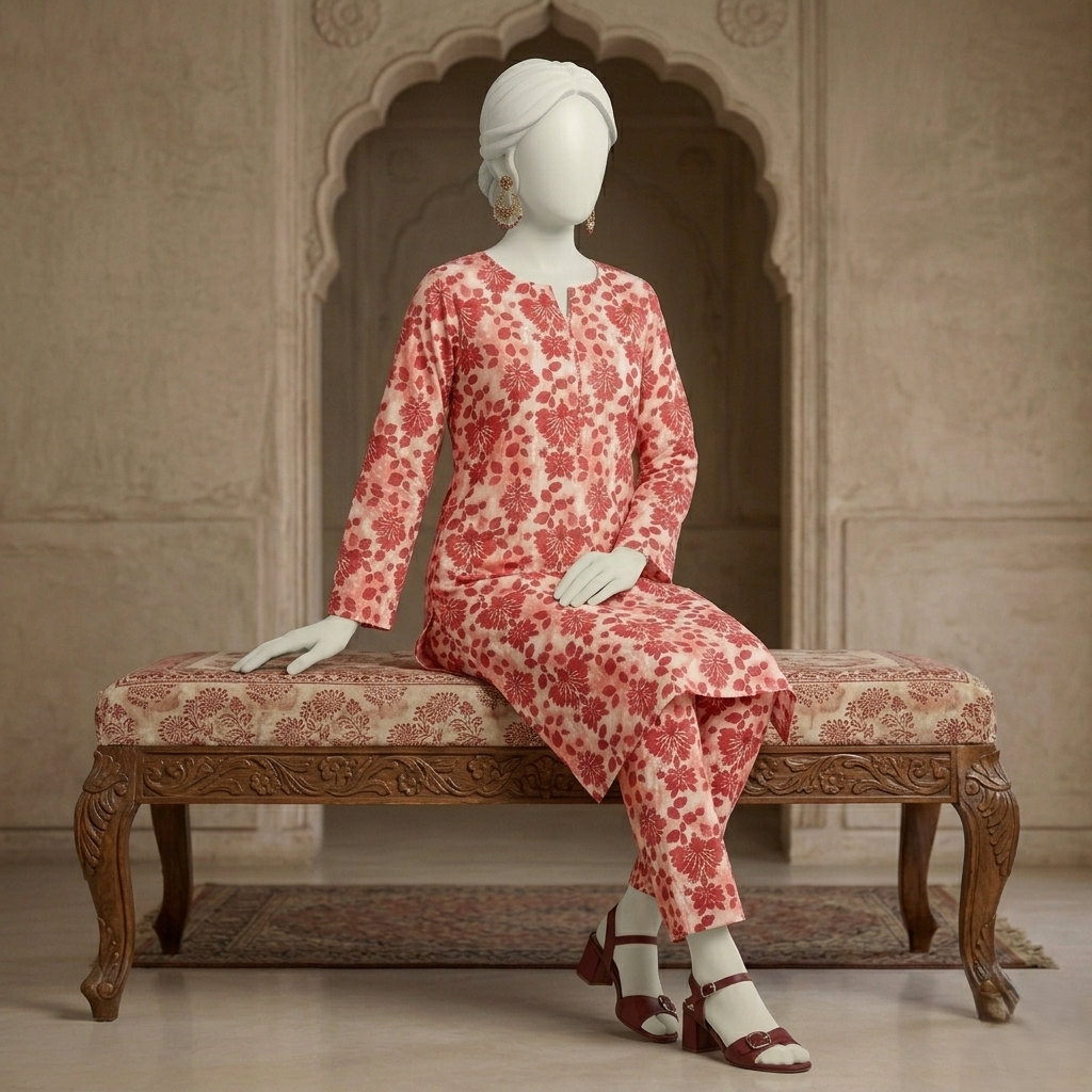 "Mannequin seated in red floral printed cotton silk 2-piece suit"