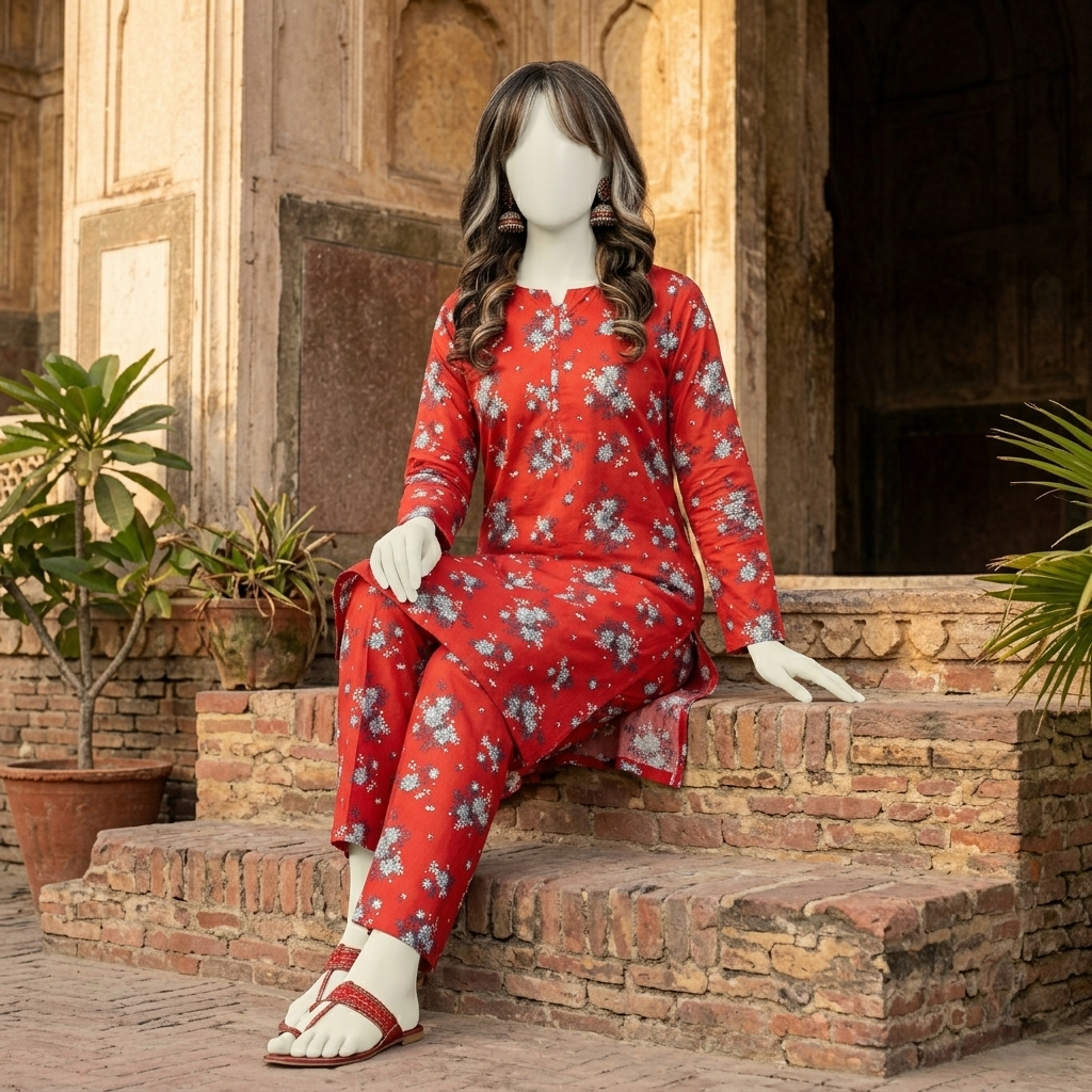 "Woman wearing a premium cotton-silk floral unstitched 2-piece suit from ZH2 Store."