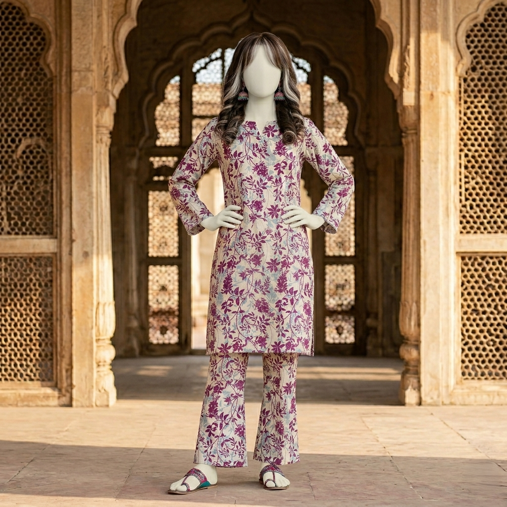 "Woman wearing a premium cotton-silk floral print unstitched 2-piece suit from ZH2 Store."