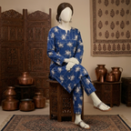 Full view of blue printed unstitched suit 2-piece fabric"