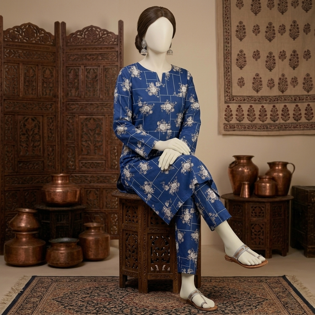 Full view of blue printed unstitched suit 2-piece fabric"