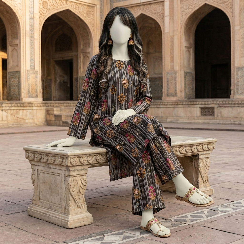 "Woman wearing premium cotton-silk unstitched 2-piece suit in from ZH2 Store"